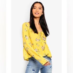 Hollister babydoll blouse peasant Bright Yellow Floral top flowy y2k sz lg